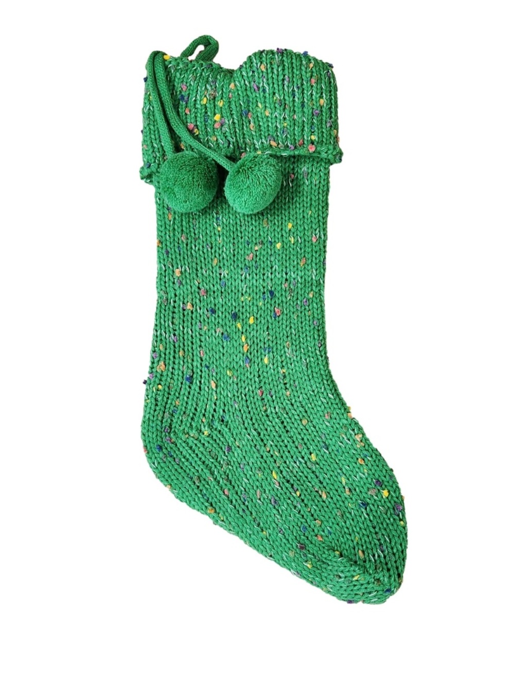 Five Green Knit Holiday Stocking with Pom-Pom Accents